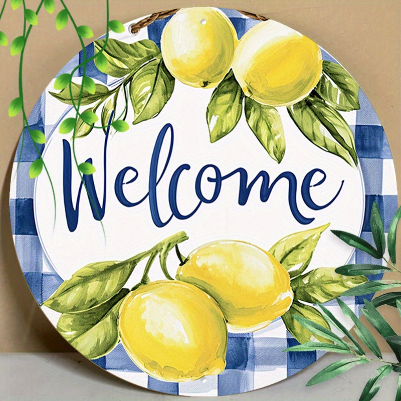 

1pc 8x8inch (20x20cm) Round Aluminum Sign Metal Sign Welcome Wreath Sign Lemons Wreath Summer Decor Lemon Sign For Garden Kitchen Restaurant Garage