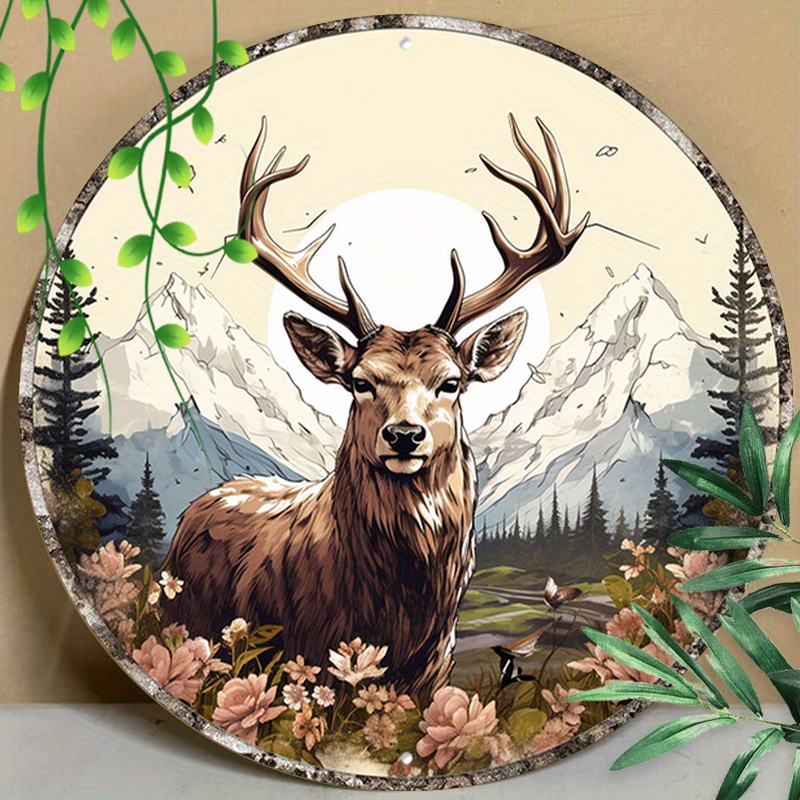 

1pc 8x8inch (20x20cm) Round Aluminum Sign Metal Sign Winter Metal Deer Christmas Holly Home Decor Cabin Round Wall Sign Decor Watercolor Rustic Deer Winter