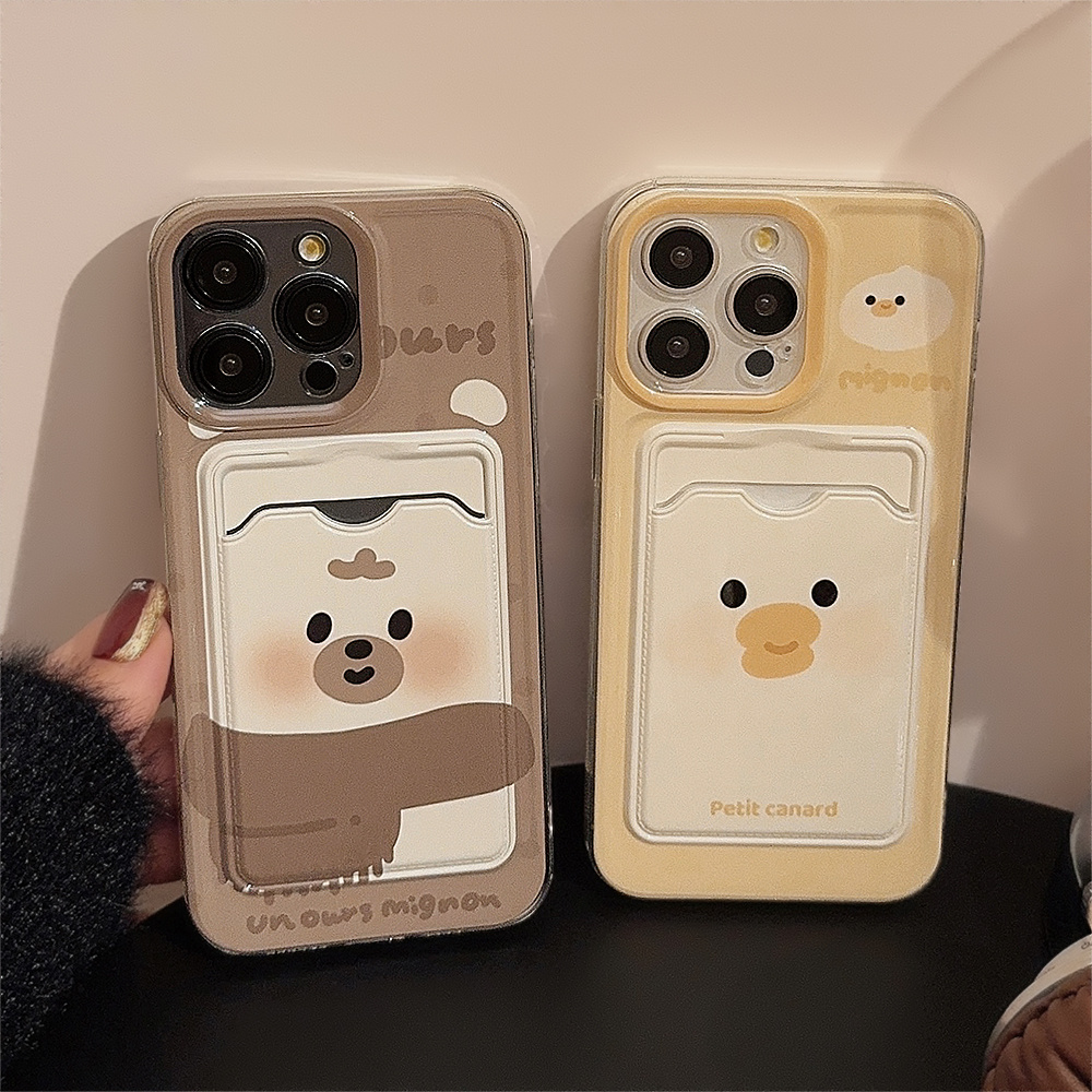 

Cartoon Bear Duck Insert Card Holder Full Protection Silicone Niche Creative Phone Case For 15 14 13 12 11 Xr X 8 7 Pro Max