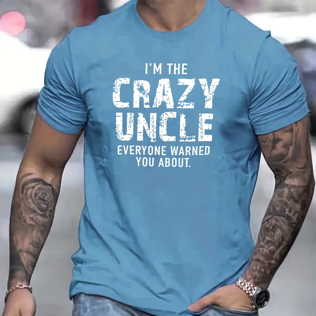 

Crazy Uncle Letter Print Men's Short Sleeve Crew Neck T-shirts, Comfy Breathable Casual Elastic Tops, Men's Clothing