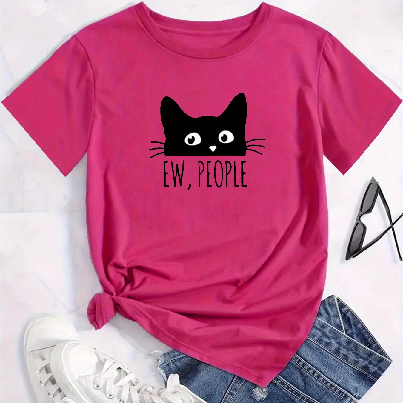 

Cute Cat & Letter Print T-shirt, Casual Crew Neck Short Sleeve Top For Spring & Summer, Women's Clothing