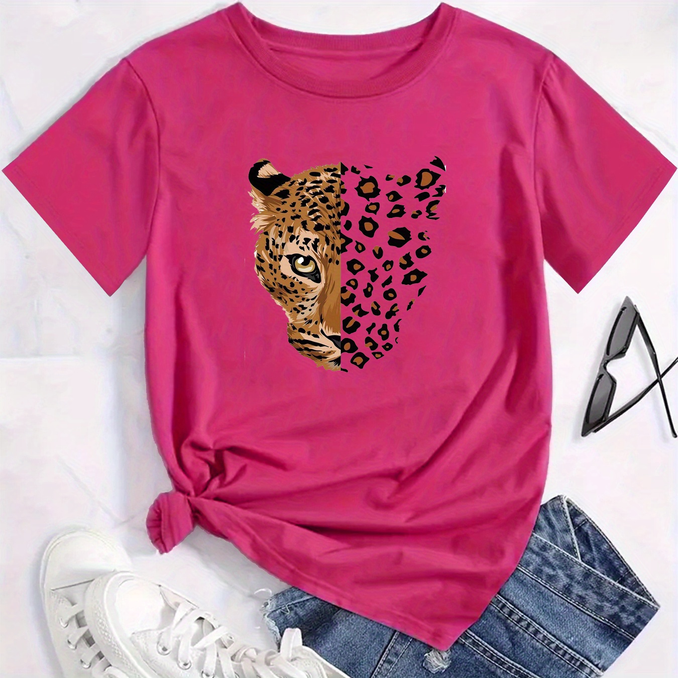 

Leopard Print T-shirt, Casual Crew Neck Short Sleeve Top For Spring & Summer, Women's Clothing
