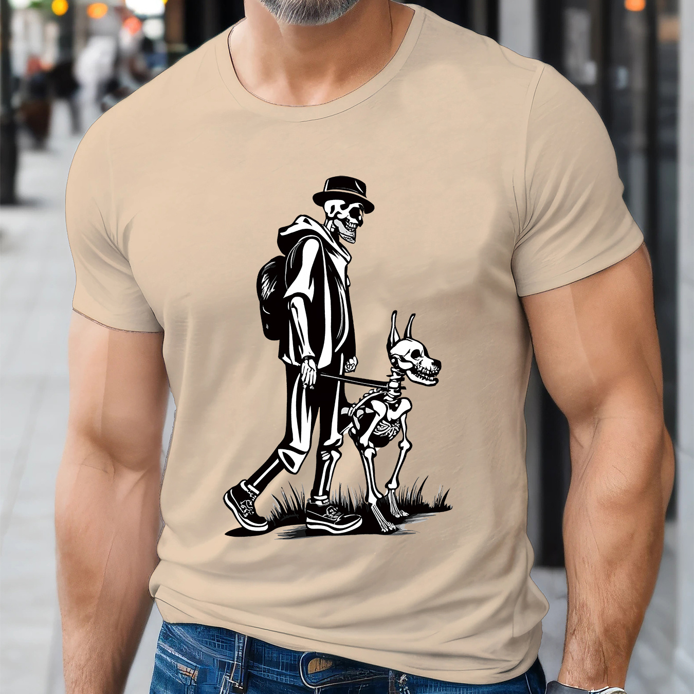 

Human & Dog Skeleton Print, Men's Fashion Comfy T-shirt, Casual Stretchy Breathable Top For Summer, Men's Clothing