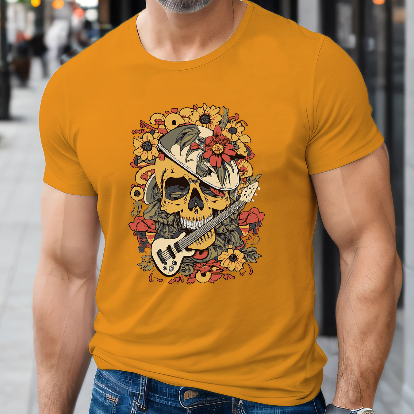 

Floral Skull & Guitar Print, Men's Fashion Comfy T-shirt, Casual Stretchy Breathable Top For Summer, Men's Clothing