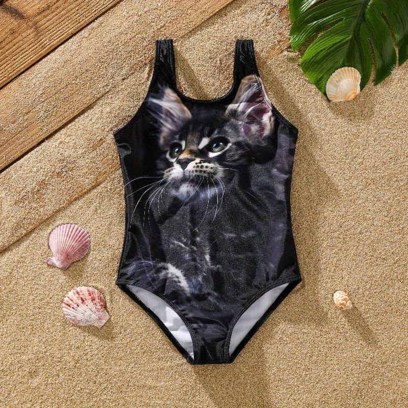 Childlike Black Cat Pattern Girl s Tight Swimsuit Set