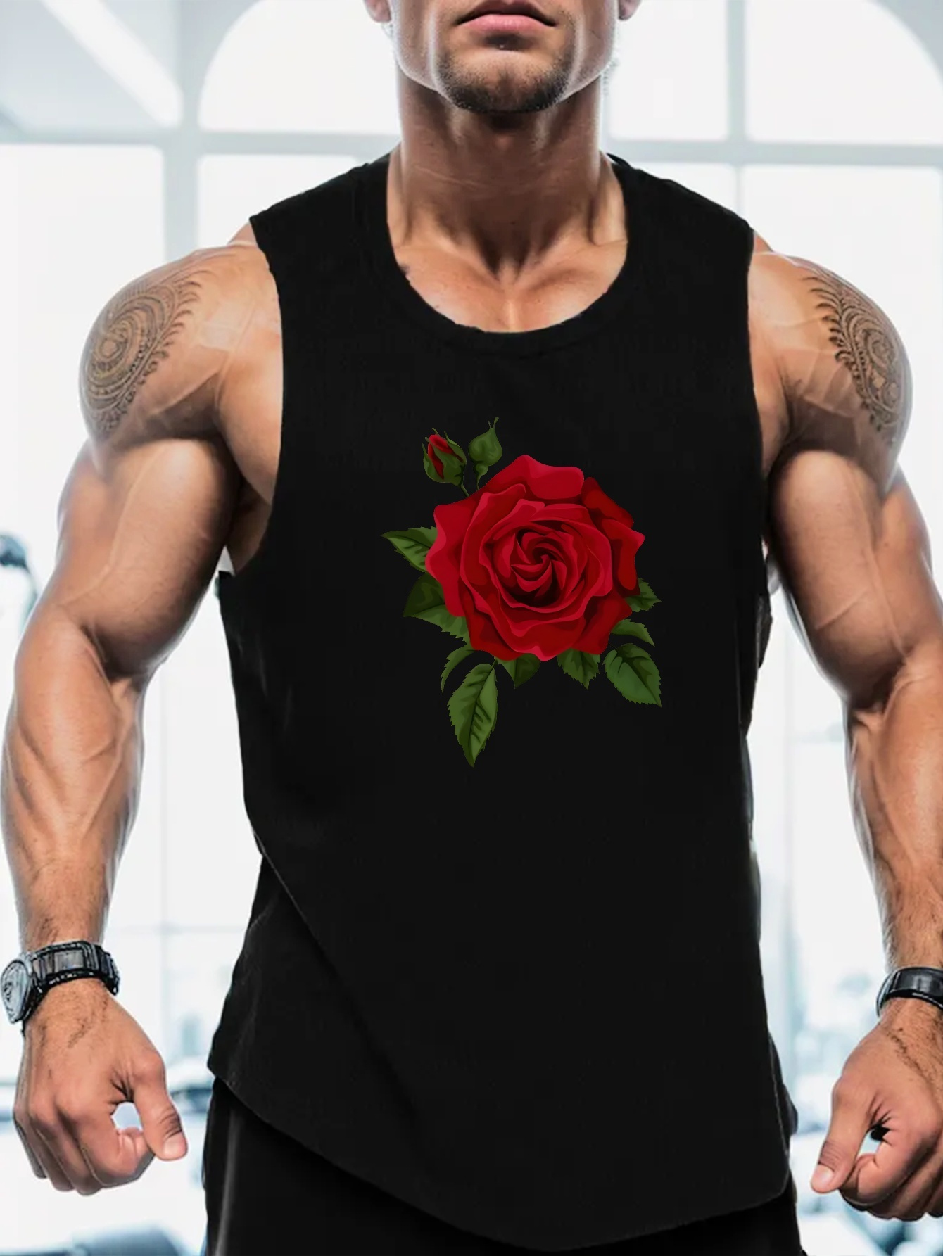 Black Rose Print Men's Active Casual Tank Top Quick drying - Temu New ...