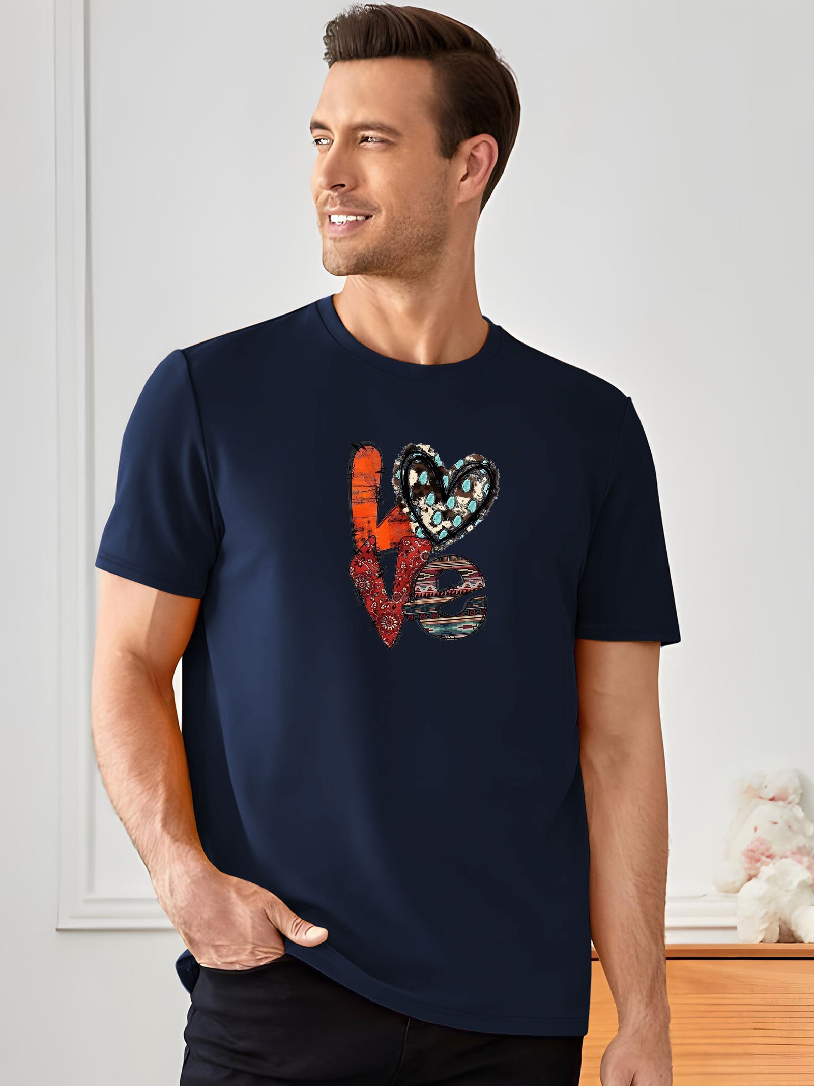 Love Graphic Print Mens Creative Top Casual Short Sleeve Temu Canada