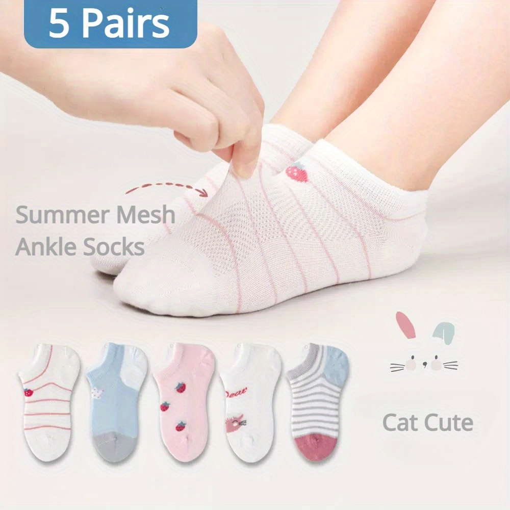 

5 Pairs Of Girl's Thin Breathable Elastic No Show Socks, Comfy Breathable Casual Soft Socks For Kid's Outdoor Activities