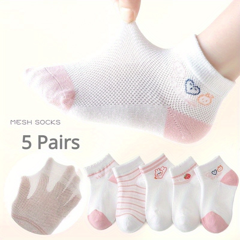 

5 Pairs Of Girl's Thin Breathable Crew Socks, Comfy Casual Soft Elastic Socks For Kid's Outdoor Activities, Spring & Summer