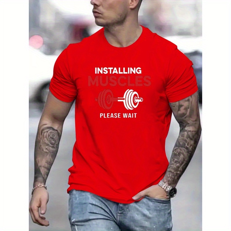 

Installing Muscles Print Men's Short Sleeve Crew Neck T-shirts, Comfy Breathable Casual Stretchable Tops, Men's Clothings