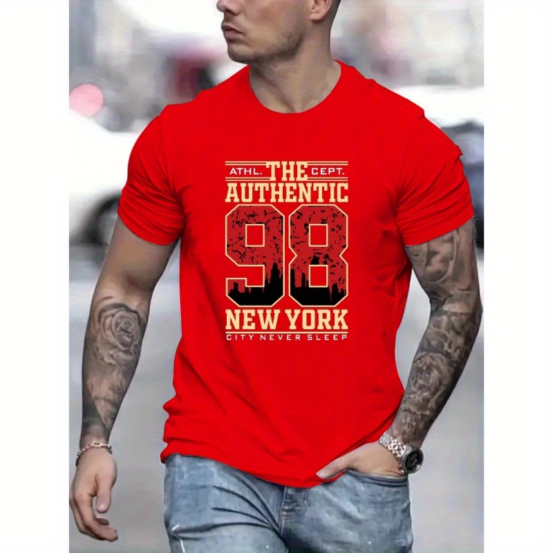 

The Authentic 98 New York Letter Print Men's Short Sleeve Crew Neck T-shirts, Comfy Breathable Casual Stretchable Tops, Men's Clothings