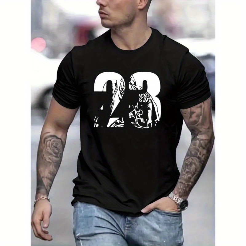 

23 Letter Print Men's Short Sleeve Crew Neck T-shirts, Comfy Breathable Casual Stretchable Tops, Men's Clothings