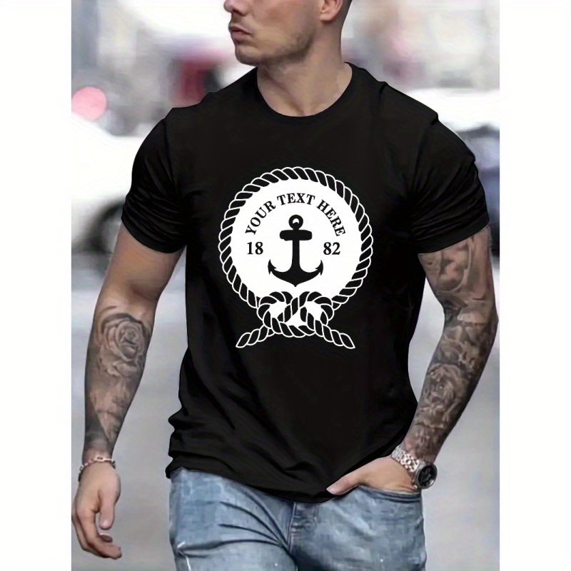 

Anchor Print Men's Short Sleeve Crew Neck T-shirts, Comfy Breathable Casual Stretchable Tops, Men's Clothings