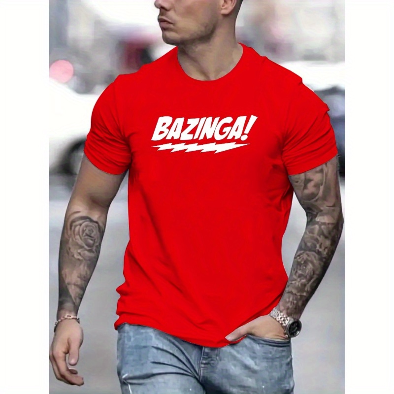 

Bazinga! Letter Print Men's Short Sleeve Crew Neck T-shirts, Comfy Breathable Casual Stretchable Tops, Men's Clothings