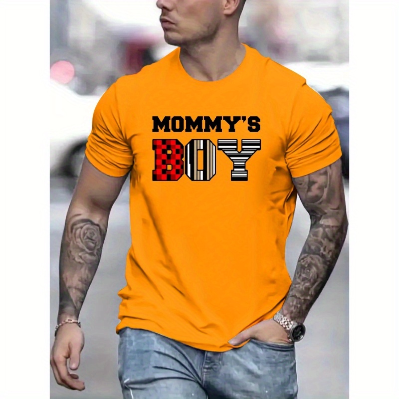 

Mommy's Boy Letter Print Men's Short Sleeve Crew Neck T-shirts, Comfy Breathable Casual Stretchable Tops, Men's Clothings