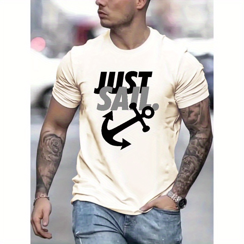 

Just Sail Print T Shirt, Tees For Men, Casual Short Sleeve T-shirt For Summer