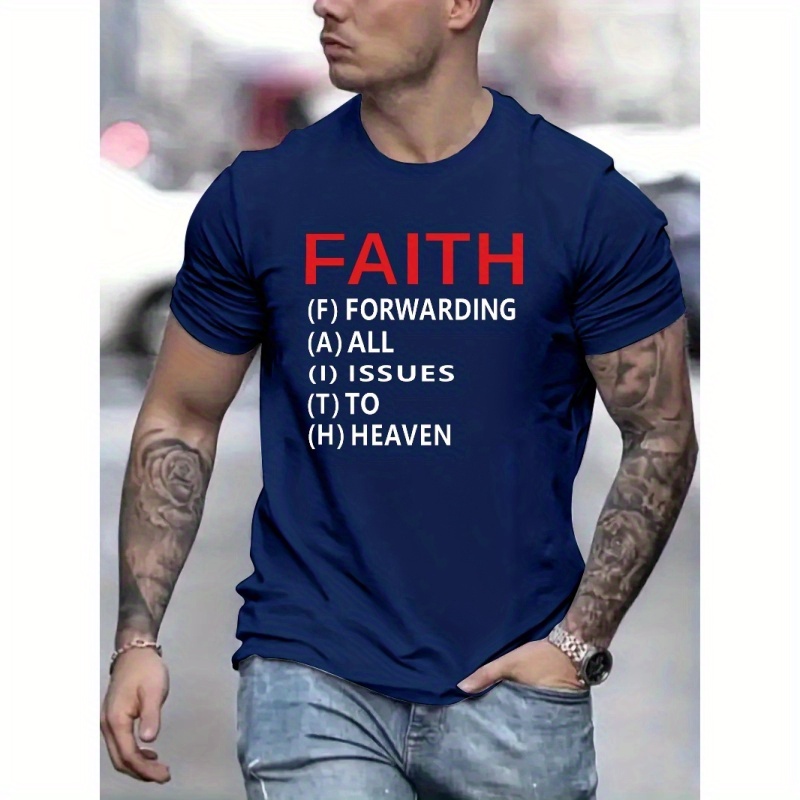 

Faith Letter Print Men's Short Sleeve Crew Neck T-shirts, Comfy Breathable Casual Stretchable Tops, Men's Clothings