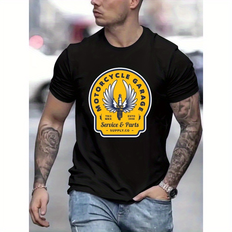 

Motorcycle Garage Print T Shirt, Tees For Men, Casual Short Sleeve T-shirt For Summer