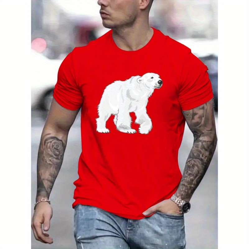 

Polar Bear Print, Men's Graphic Design Crew Neck T-shirt, Casual Comfy Tees For Summer, Men's Clothing Tops For Daily Gym Workout Running