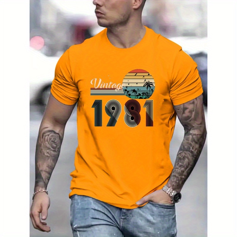 

Vintage 1981 Print Men's Short Sleeve Crew Neck T-shirts, Comfy Breathable Casual Stretchable Tops, Men's Clothings