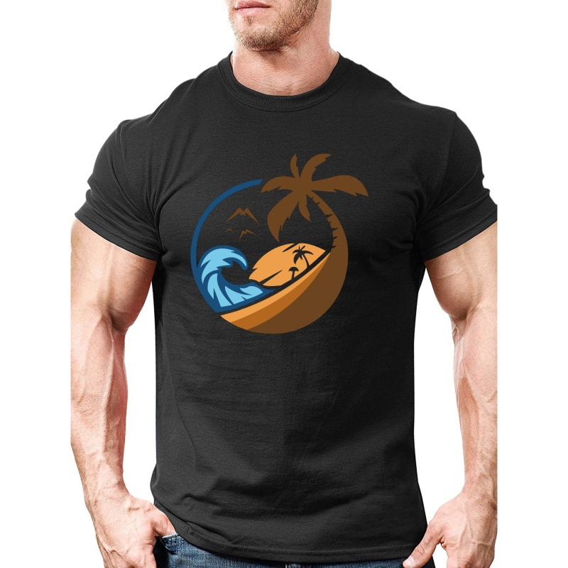 

Beach Palm Tree Print Short Sleeve T-shirt, Casual Trendy Round Neck Comfy Summer Tops, Men's Clothing
