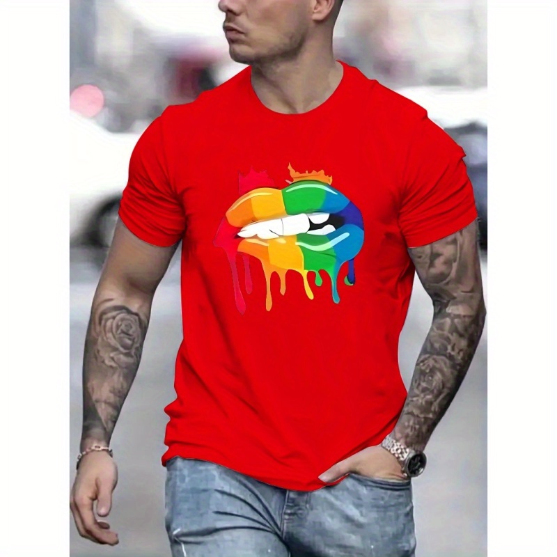 

T-shirt Imprimé Avec Des Lèvres Colorées De L'arc-en-ciel, Pour Hommes, T-shirt Décontracté À Manches Courtes Pour L'été