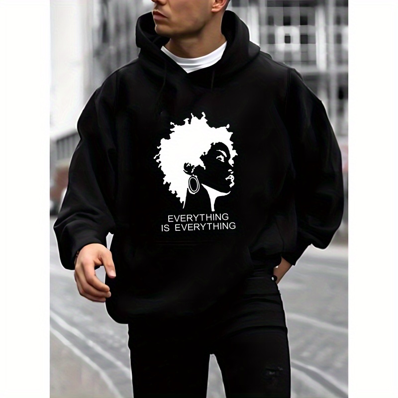 

Everything Is Everything And Anime Woman With Earring Graphic Print Sweatshirt, Artistic Design Hoodies With Fleece For Men, Men's Warm Slightly Flex Hooded Streetwear Pullover, For Fall And Winter