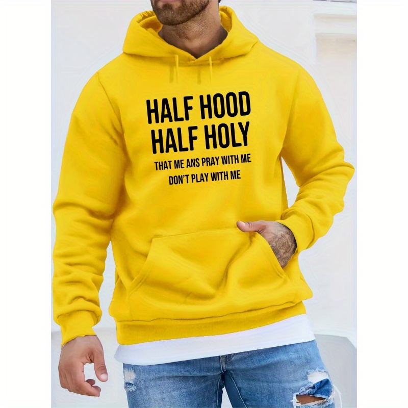 

Half Hood Half Holy Print Men's Pullover Round Neck Hoodies With Kangaroo Pocket Long Sleeve Hooded Sweatshirt Loose Casual Top For Autumn Winter Men's Clothing As Gifts