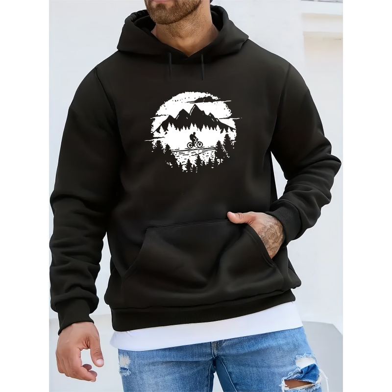 

Mountain Biker Graphic Print Men's Casual Hoodie, Trendy Comfy Kangaroo Pocket Warm Hooded Sweatshirt For Fall Winter