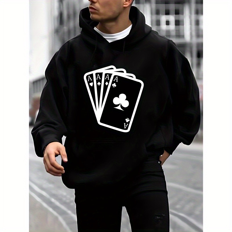 

Poker Cards Print Men's Hoodie, Casual Long Sleeve Kangaroo Pocket Comfy Hooded Sweatshirt For Autumn Winter