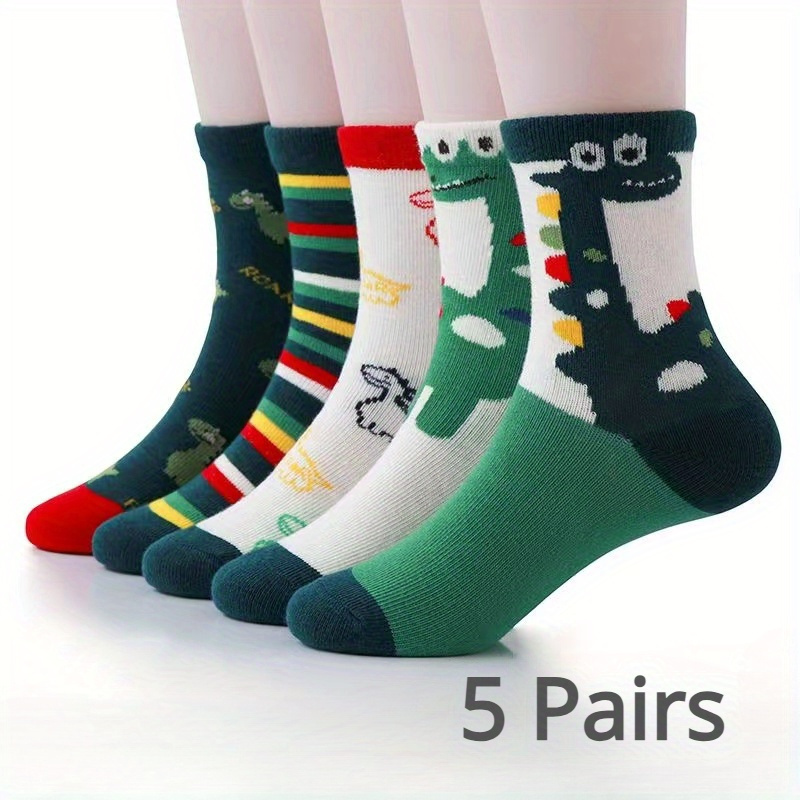 

5 Pairs Of Boy's Trendy Cartoon Dinosaur Pattern Crew Socks, Breathable Comfy Casual Style Unisex Socks For Kids Outdoor All Seasons Wearing