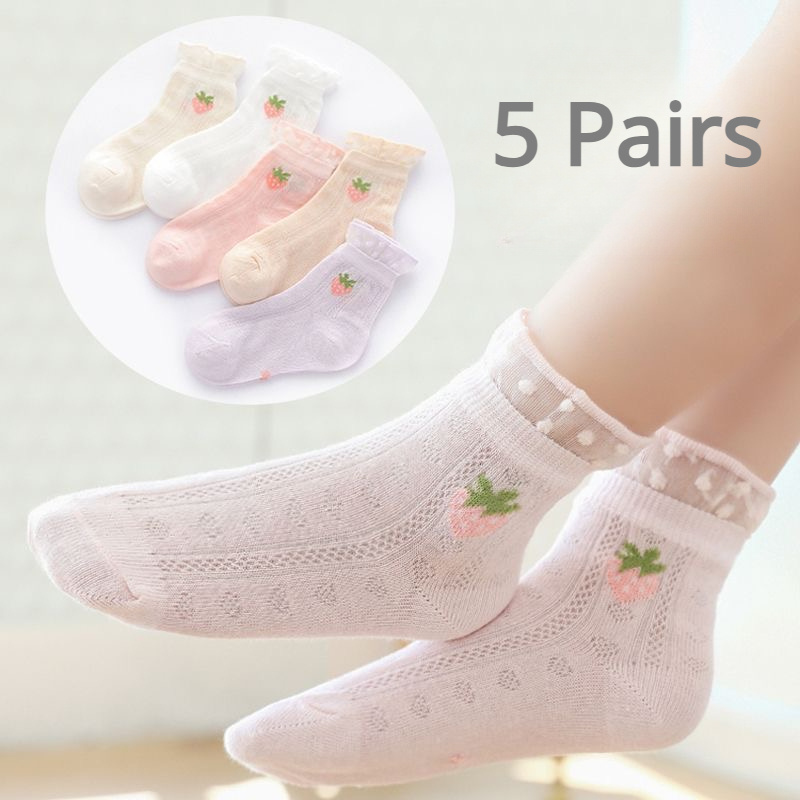 

5 Pairs Of Girl's Mesh Breathable Crew Socks, Comfy Casual Soft Elastic Socks For Kid's Indoor Outdoor Activities, As Gifts