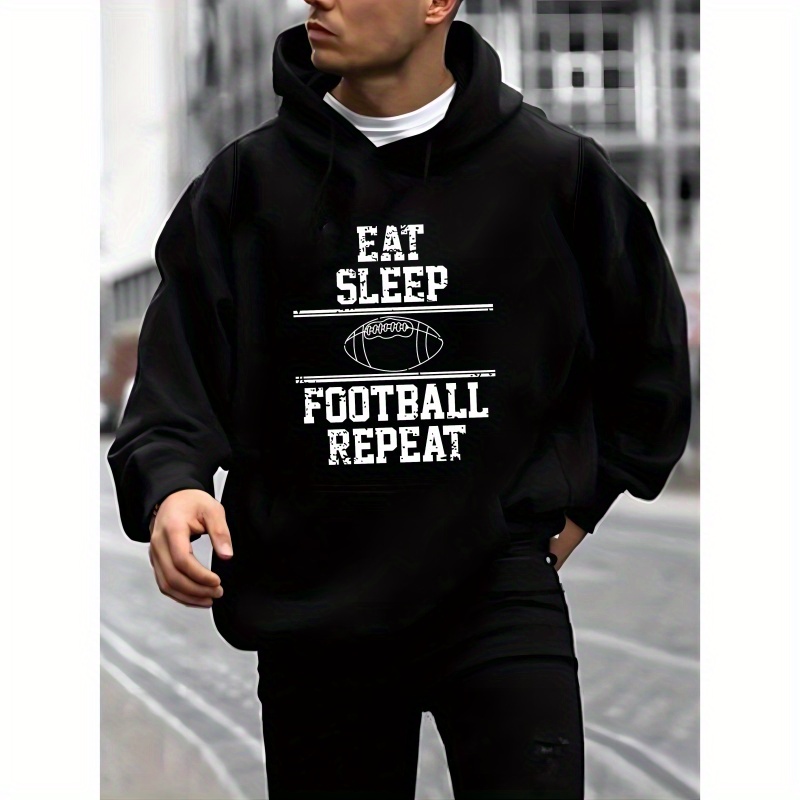 

Eat Sleep Football Repeat Print Kangaroo Pocket Hoodie, Casual Long Sleeve Hoodies Pullover Sweatshirt, Men's Clothing, For Fall Winter