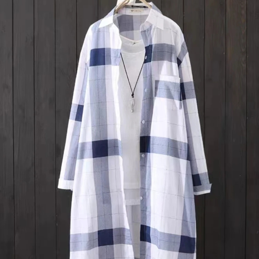 

Plaid Pattern Button Front Long Length Top, Casual Long Sleeve Top For Spring & Fall, Women's Clothing