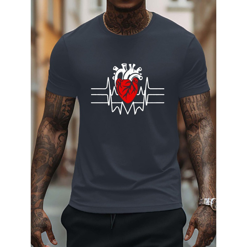 

Heart Print Men's Short Sleeve T-shirts, Comfy Breathable Crew Neck Casual Tops, Men's Clothings