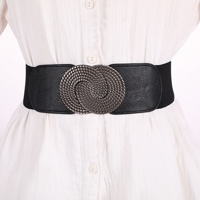 

Double Ring Buckle Girdle Solid Color Elastic Wide Waistband Vintage Business Style Coat Dress Belts Suitable For Daily Wear