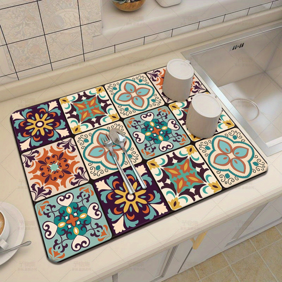 

1pc, Dish Drying Pad, Boho Style Countertop Absorbent Pad, Washstand Drain Mat, Soft Faucet Absorbent Mat, Washstand Cup Mat, Kitchen Accessories, Bathroom Accessories