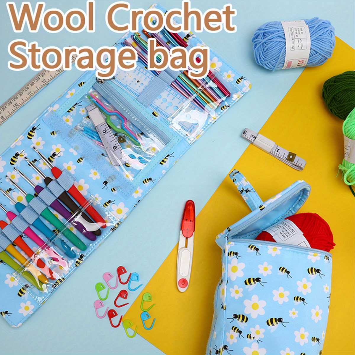 1pc Bees Printed Crochet Yarn Storage Bag Portable Blue Bucket Knitting  Bags Crochet Weaving Tool Can Be Separated, Knitting Accessories Gift For  Knit