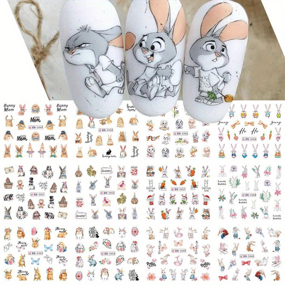 

12pcs Easter Bunny Nail Water Transfer Stickers, Self Adhesive Easter Cartoon Nail Art Decals For Nail Art Decoration,nail Art Supplies For Women And Girls