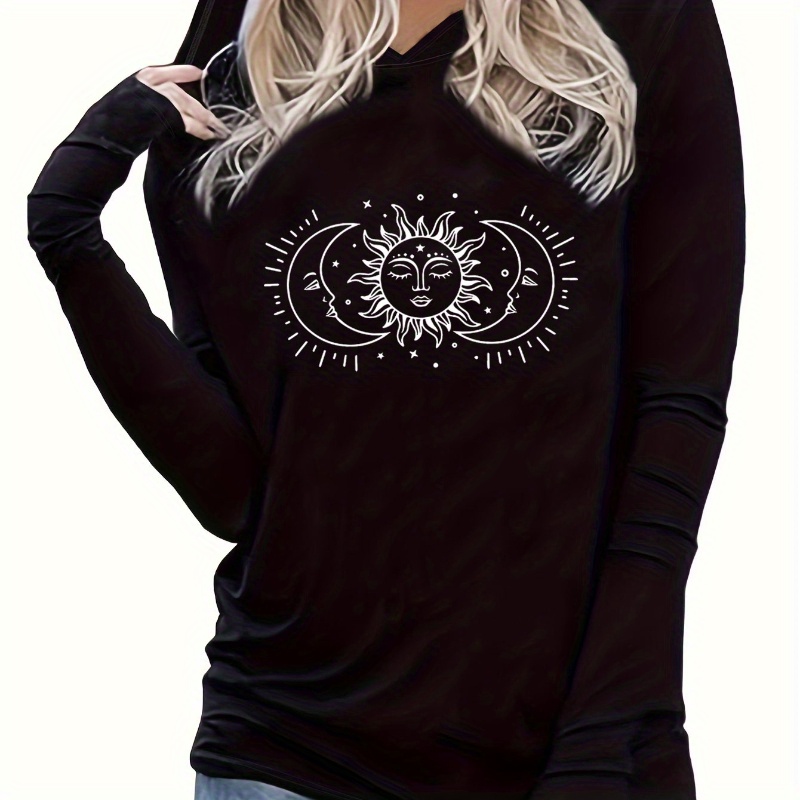 

Graphic Print Hooded T-shirt, Casual Long Sleeve Top For Spring & Fall, Women's Clothing
