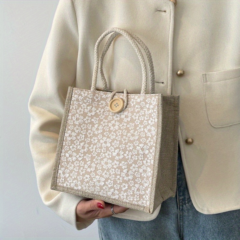 

1pc Aesthetic Floral Print Tote Bag, Fashion Small Lunch Bento Bag, Women's Casual Handbag & Purse
