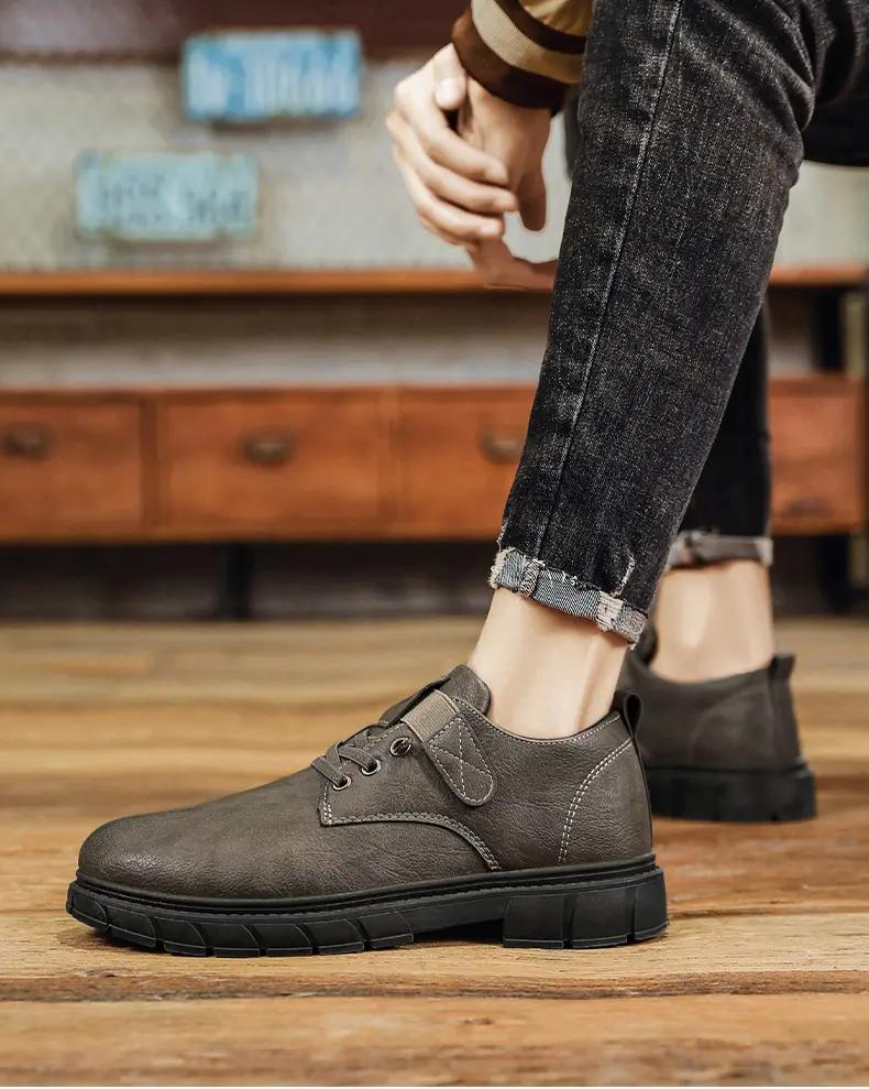 mens solid casual shoes with pu leather uppers waterproof wear resistant non slip shoes with hook loop fastener decor mens office daily footwear details 1