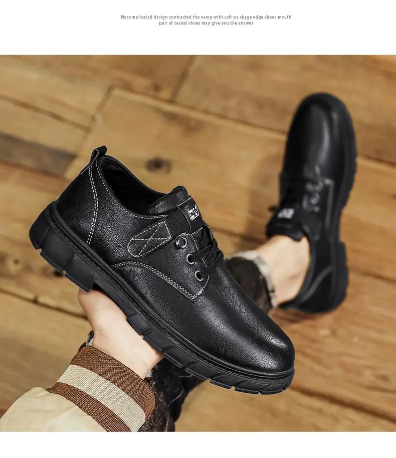 mens solid casual shoes with pu leather uppers waterproof wear resistant non slip shoes with hook loop fastener decor mens office daily footwear details 5