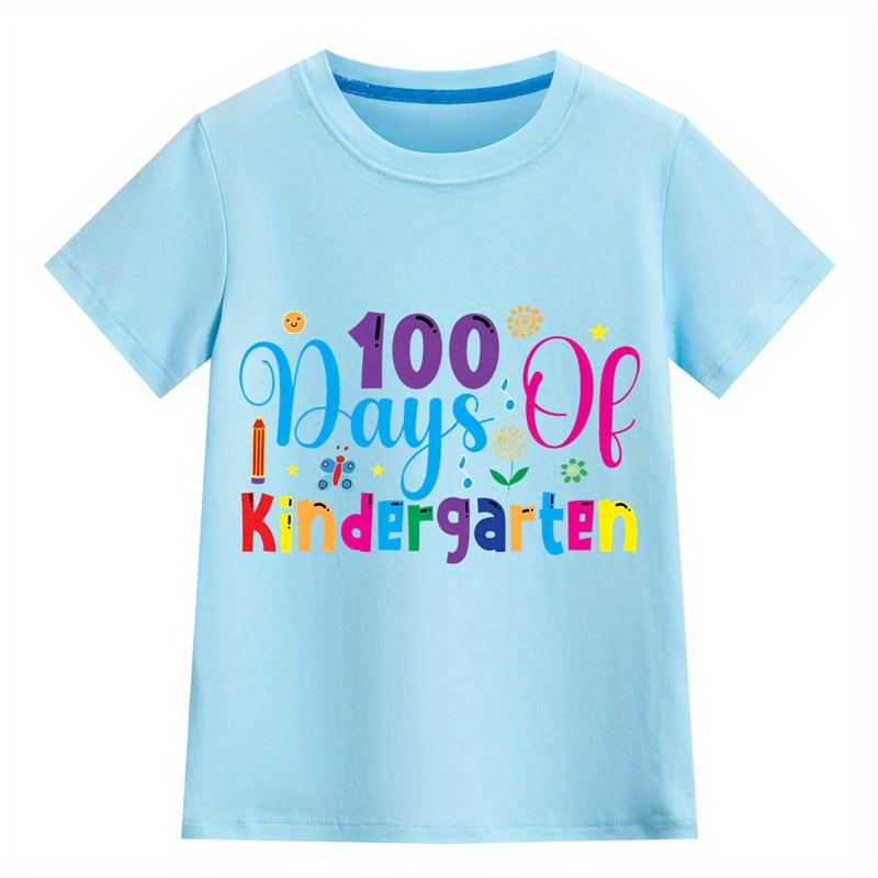 

100 Days Of Kindergarten Print T-shirt For Kids, Casual Short Sleeve Top, Boy's Clothing