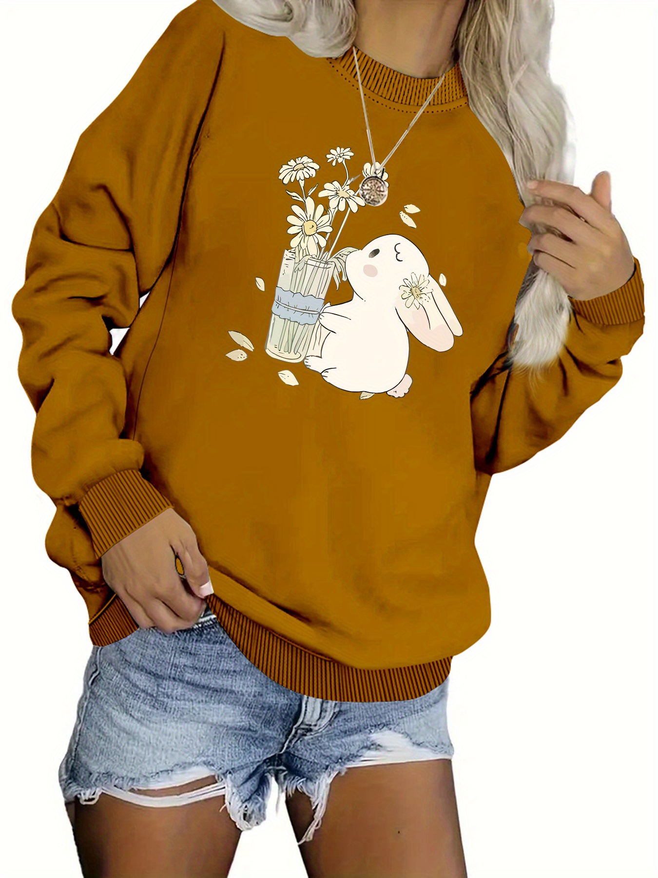 Plus Size Rabbit Print Sweatshirt Casual Long Sleeve Crew Temu South