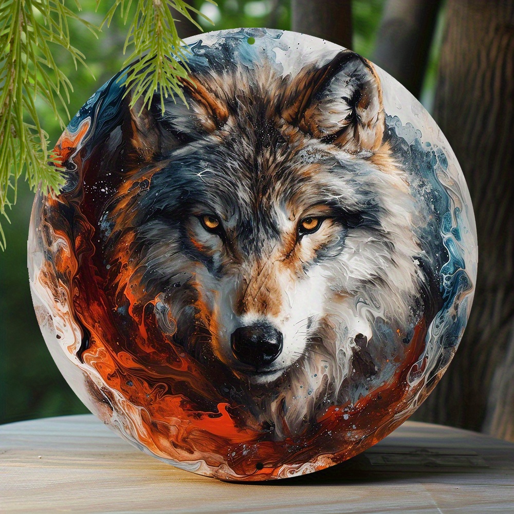 

1pc 8x8 Inch Spring Aluminum Metal Sign Faux Resin Painting Round Wreath Decorative Sign Office Decoration Thanksgiving Day Gifts Wolf Theme Decoration