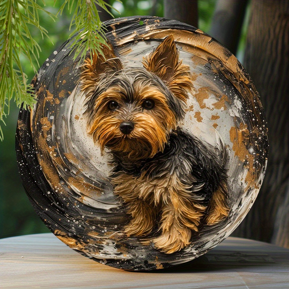 

1pc 8x8 Inch Spring Aluminum Tin Sign Faux Resin Painting Round Wreath Decorative Sign Dormitory Decoration Mother's Day Gifts Yorkshire Terrier Theme Decoration P144