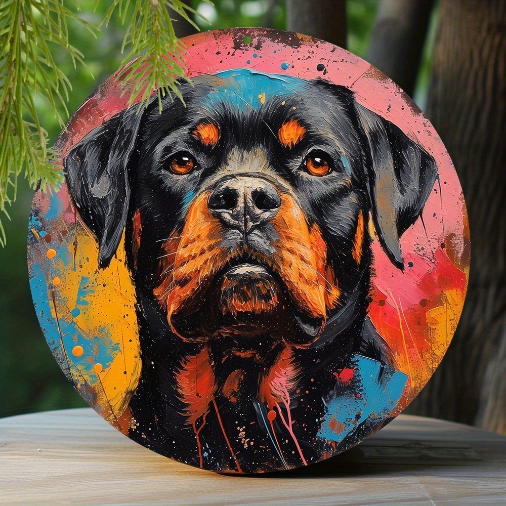 

1pc 8x8 Inch Spring Aluminum Tin Sign Faux Resin Painting Round Wreath Decorative Sign Dormitory Decoration Valentine's Day Gifts Rottweiler Theme Decoration P141