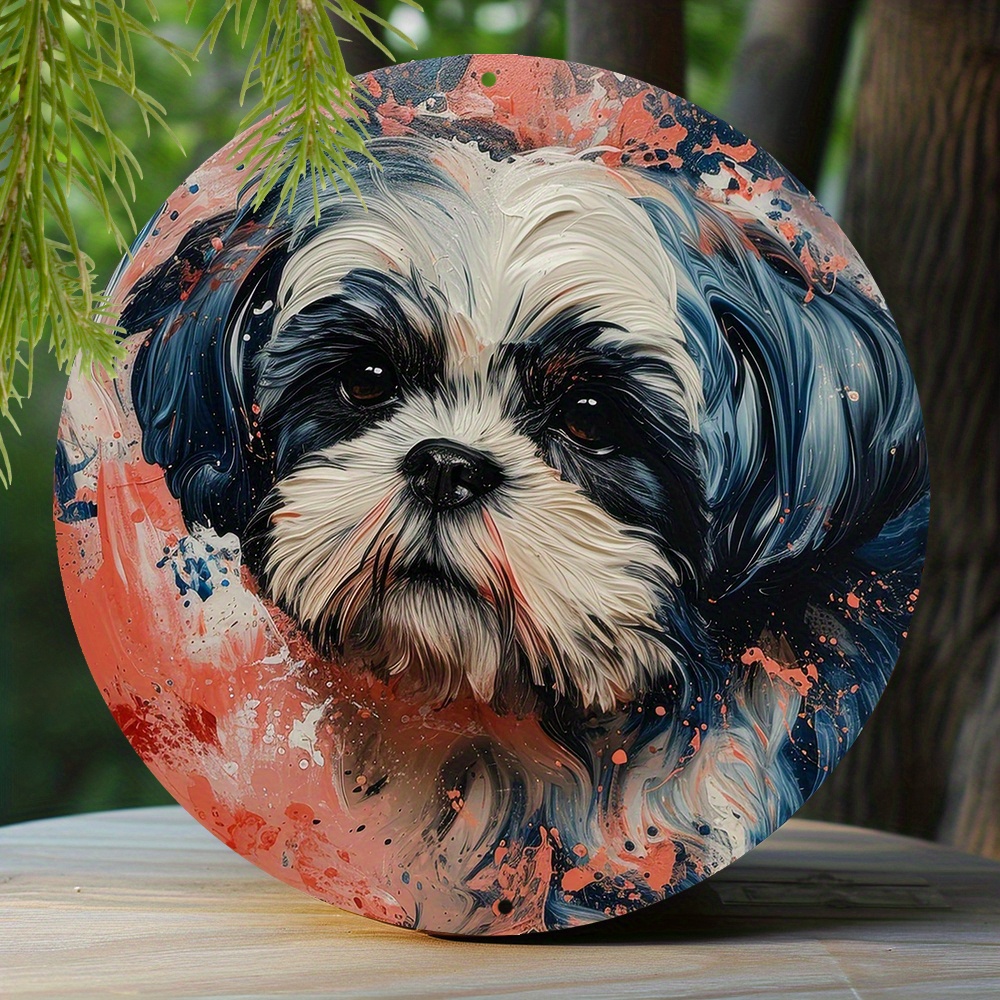 

1pc 8x8 Inch Spring Aluminum Tin Sign Faux Resin Painting Round Wreath Decorative Sign Entrance Decoration Men Gifts Shih Tzu Theme Decoration P149