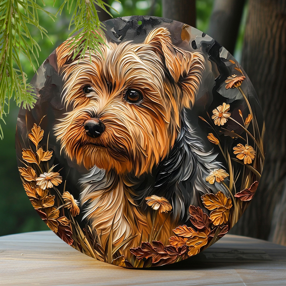 

1pc 8x8 Inch Spring Aluminum Tin Sign Faux Resin Painting Round Wreath Decorative Sign Entrance Decoration Pet Lovers Gifts Yorkshire Terrier Theme Decoration P145